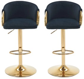 Set de 2 scaune de bar moderne, rotative și reglabile pe înălțime, cu spătar și suport pentru picioare auriu, pentru bucătărie, bar și tejghea de restaurant, Negru