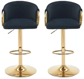 Set de 2 scaune de bar moderne, rotative și reglabile pe înălțime, cu spătar și suport pentru picioare auriu, pentru bucătărie, bar și tejghea de restaurant, Negru