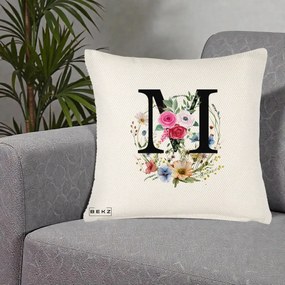 Cadou Personalizat - Perna Personalizata Monogram Litera M cu Flori Acuarela, 40x40 cm, Crem Reliefat, Husa Detasabila, Perna Inclusa, BEKZ®
