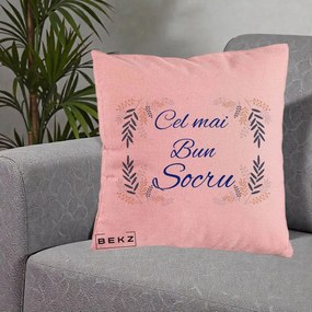 Cadou pentru Socru - Perna Personalizata Cel mai Bun Socru cu Ramuri Frunze Albastre si Aurii, 40x40 cm, Roz, Husa Detasabila, Perna Inclusa, BEKZ®