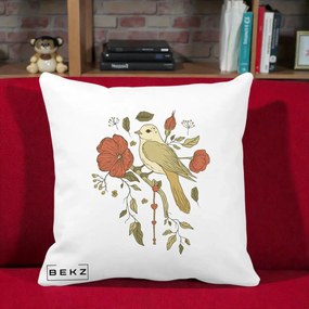 Perna Decorativa Pasare pe Ramura cu Maci, 40x40 cm, Alba Mata, Husa Detasabila, Perna Inclusa, BEKZ®