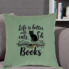 Perna Personalizata Life is Better Cats and Books, 40x40 cm, Verde, Husa Detasabila, Perna Inclusa, BEKZ®