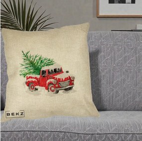 Perna Decorativa Camioneta Rosie Brad de Craciun, 40x40 cm, Crem, Husa Detasabila, Perna Inclusa, BEKZ®