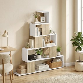 HOMCOM Bibliotecă cu 5 Rafturi Tip Trepte, Alb și Lemn Natural | Aosom Romania