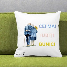 Cadou pentru Bunici - Perna Personalizata Cei Mai Iubiti Bunici Acuarela Spate, 40x40 cm, Alba Mata, Husa Detasabila, Perna Inclusa, BEKZ®