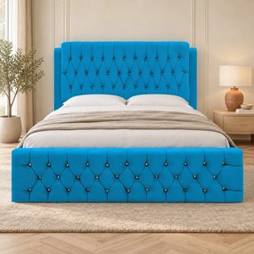 Pat tapițat Chesterfield din catifea Aveline Deluxe 160×200 cm, albastru deschis, cu ladă de depozitare
