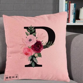 Cadou Personalizat - Perna Personalizata Monograma Florala Litera P, 40x40 cm, Roz, Husa Detasabila, Perna Inclusa, BEKZ®