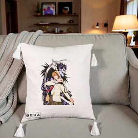 Perna Personalizata Death Note Light si Ryuk Duo, 40x40 cm, Bej cu Franjuri, Husa Detasabila, Perna Inclusa, BEKZ®