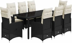 vidaXL Set bistro de grădină, 9 piese, cu perne, negru, poliratan