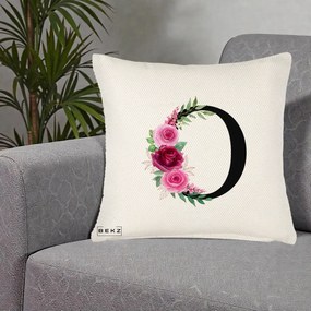 Cadou Personalizat - Perna Personalizata Monograma Florala Litera O, 40x40 cm, Crem Reliefat, Husa Detasabila, Perna Inclusa, BEKZ®