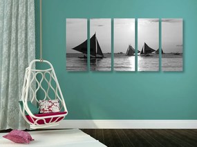 Tablou 5-piese apus de soare frumos la mare în design alb-negru
