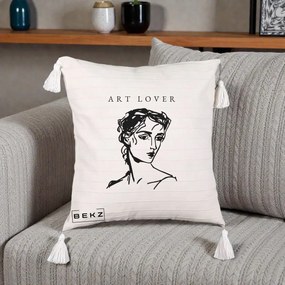 Perna Decorativa Art Lover Portret Grafic, 40x40 cm, Bej cu Franjuri, Husa Detasabila, Perna Inclusa, BEKZ®