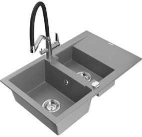 Mexen Gaspar Chiuvetă de granit de 1,5 compartiment cu picurător și baterie de bucătărie Duo, Gri - 6507-71-671701-07