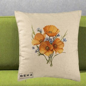 Perna Decorativa Maci Portocalii cu Floricele Albastre, 40x40 cm, Bej, Husa Detasabila, Perna Inclusa, BEKZ®