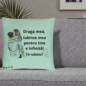 Cadou pentru Iubita - Perna Personalizata Draga Mea Iubirea Mea Infinita Te Iubesc cu Cuplu Acuarela, 40x40 cm, Verde Menta, Husa Detasabila, Perna Inclusa, BEKZ®