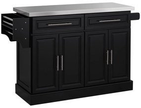 HOMCOM Insulă de bucătărie pe roți Blat din oțel inoxidabil Sertare Rafturi reglabile Suport pentru condimente Suport prosoape 145x45x93 cm Negru | Aosom Romania