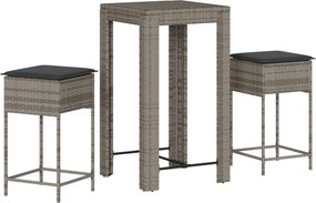 vidaXL Set mobilier bar de grădină, cu perne, 3 piese, gri, poliratan