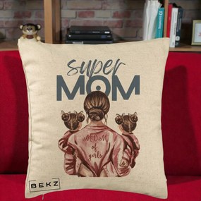 Cadou pentru Mama - Perna Personalizata Super Mom of Girls Mama cu Gemene, 40x40 cm, Bej, Husa Detasabila, Perna Inclusa, BEKZ®