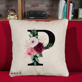 Cadou Personalizat - Perna Personalizata Monograma Florala Litera P, 40x40 cm, Bej Canapea, Husa Detasabila, Perna Inclusa, BEKZ®
