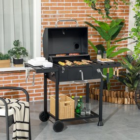 Outsunny Grătar cu Tavă de Cărbune Reglabilă, Grilaj de Grătar din Oțel Galvanizat cu Rafturi de Depozitare, 120x64x114 cm, Negru | Aosom Romania