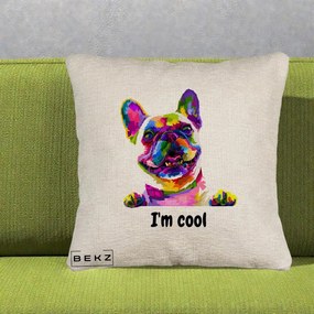 Perna Personalizata Bulldog Francez I'm Cool, 40x40 cm, Bej Canapea, Husa Detasabila, Perna Inclusa, BEKZ®