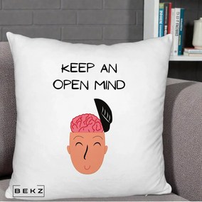 Perna Decorativa Keep An Open Mind, 40x40 cm, Alb Pufos, Husa Detasabila, Perna Inclusa, BEKZ®