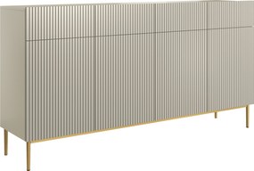 Comodă cu patru uși Nicole 200 cm cu sertare, fronturi riflate - casmir / picioare aurii