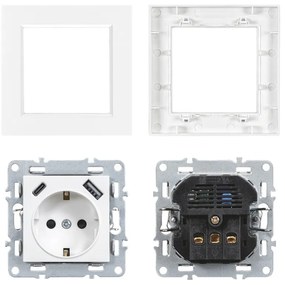 Priză cu împământare Nova cu conector USB 2A cu cadru alb