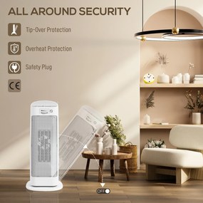 HOMCOM Sobă Electrică Ceramică 2000W, 4 Moduri și Încălzire Reglabilă, Oscilație 55°, Alb | Aosom Romania