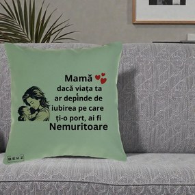 Cadou pentru Mama - Perna Personalizata Mama Nemuritoare Aproape de Bebe, 40x40 cm, Verde, Husa Detasabila, Perna Inclusa, BEKZ®