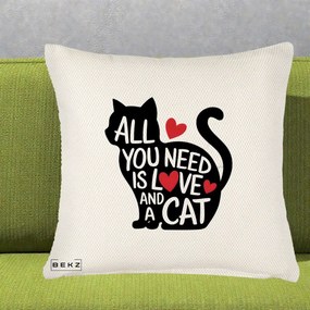 Perna Personalizata All You Need is Love and a Cat, 40x40 cm, Crem Reliefat, Husa Detasabila, Perna Inclusa, BEKZ®