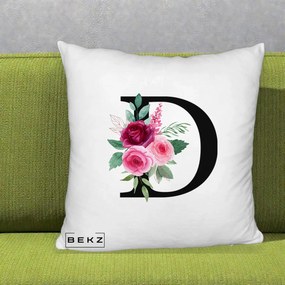 Cadou Personalizat - Perna Personalizata Monograma Florala Litera D, 40x40 cm, Alb Pufos, Husa Detasabila, Perna Inclusa, BEKZ®