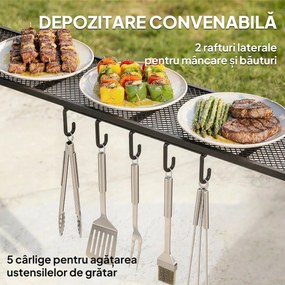 Outsunny Gazebo pentru Grătar 2.5x1.5 m, Pergolă pentru Grătar cu 2 Rafturi Laterale și Cârlige, Cadru din Oțel și Acoperiș din Poliester pentru Grădină, Gri Închis | Aosom Romania