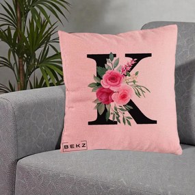 Cadou Personalizat - Perna Personalizata Monograma Florala Litera K, 40x40 cm, Roz, Husa Detasabila, Perna Inclusa, BEKZ®