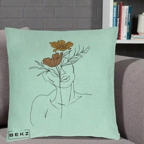 Perna Decorativa Portret Feminin Doua Flori, 40x40 cm, Verde Menta, Husa Detasabila, Perna Inclusa, BEKZ®