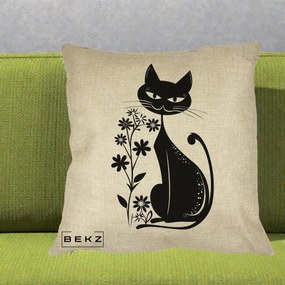 Perna Decorativa Pisica Neagra Grafica Minimalista, 40x40 cm, Crem, Husa Detasabila, Perna Inclusa, BEKZ®