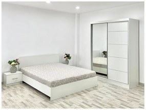 Dormitor Albania Alb cu Pat Matrimonial Alb si Saltea 160 cm x 200 cm , Dulap Usi Glisante Alb 150 cm x 200 cm si Noptiere Albe