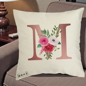 Cadou Personalizat - Perna Personalizata Monograma Rose Gold Litera M cu Trandafiri, 40x40 cm, Ecru, Husa Detasabila, Perna Inclusa, BEKZ®