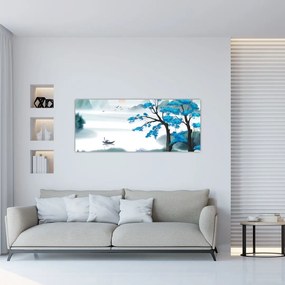 Tablou - Pictură, lac cu barcă (120x50 cm)