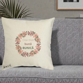Cadou pentru Bunica - Perna Personalizata Cea Mai Buna Bunica Coronita Flori Roz, 40x40 cm, Ecru, Husa Detasabila, Perna Inclusa, BEKZ®