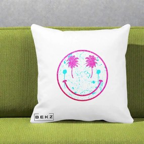 Perna Decorativa Smiley Face Tropical Glitter Roz, 40x40 cm, Alba Mata, Husa Detasabila, Perna Inclusa, BEKZ®
