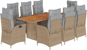 vidaXL Set de masă pentru grădină, 9 piese, cu perne, bej, poliratan