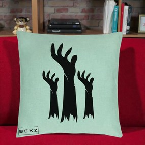 Perna Decorativa Halloween Maini Zombie Alb-Negru, 40x40 cm, Verde Menta, Husa Detasabila, Perna Inclusa, BEKZ®