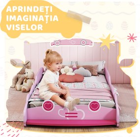 AIYAPLAY Pat pentru Copii de 3-5 Ani în Formă de Mașină cu Margini Ridicate de Siguranță, 140x70 cm, Roz | Aosom Romania