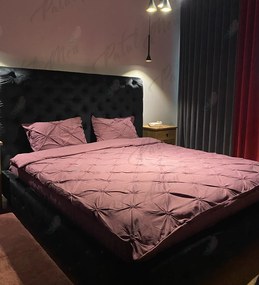 Lenjerie de pat uni cu pliuri, tesatura tip finet, pat 2 persoane, 6 piese, violet inchis, FNJS-36