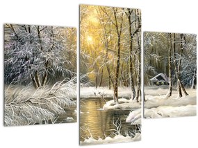 Tablou - Cabană în pădure, pictură în uei (90x60 cm)