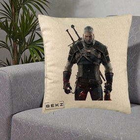 Perna Personalizata The Witcher Geralt of Rivia Portret, 40x40 cm, Bej, Husa Detasabila, Perna Inclusa, BEKZ®