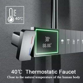 Coloană de duș termostat, afișaj digital, 3 lumini LED ambientale, 4 funcții, butoane ca de pian, cap duș dreptunghiular, efect de ploaie si cascadă, înălțime reglabilă, montare pe perete, Gri, SS05