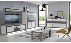 Comoda TV Cuantico Alb, Beton Optic Gri Inchis Si Alb Super Lucios, 192.7 Cm