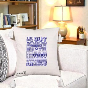 Perna Decorativa Citate Creativitate Albastru, 40x40 cm, Bej cu Franjuri, Husa Detasabila, Perna Inclusa, BEKZ®